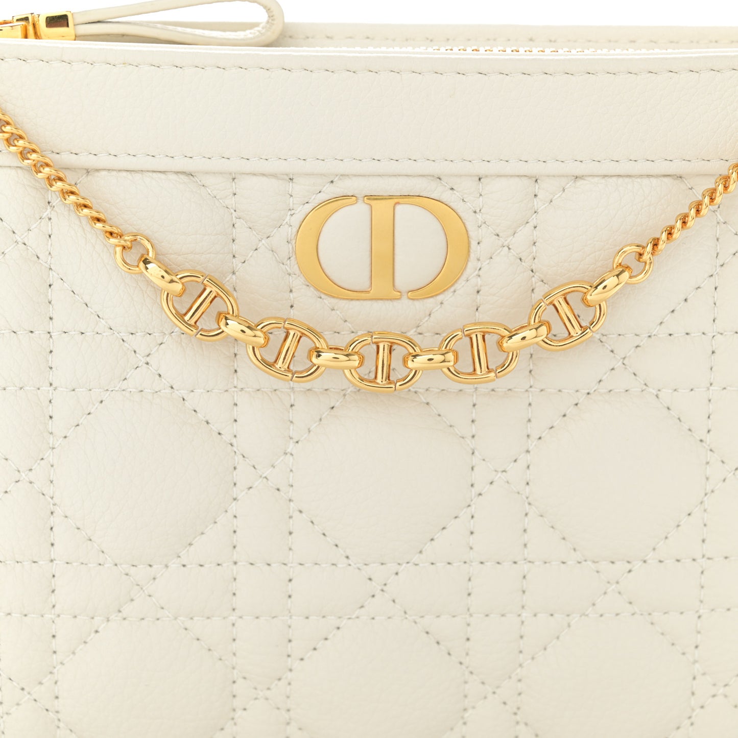 Calfskin Cannage Caro Zipped Pouch With Chain Latte