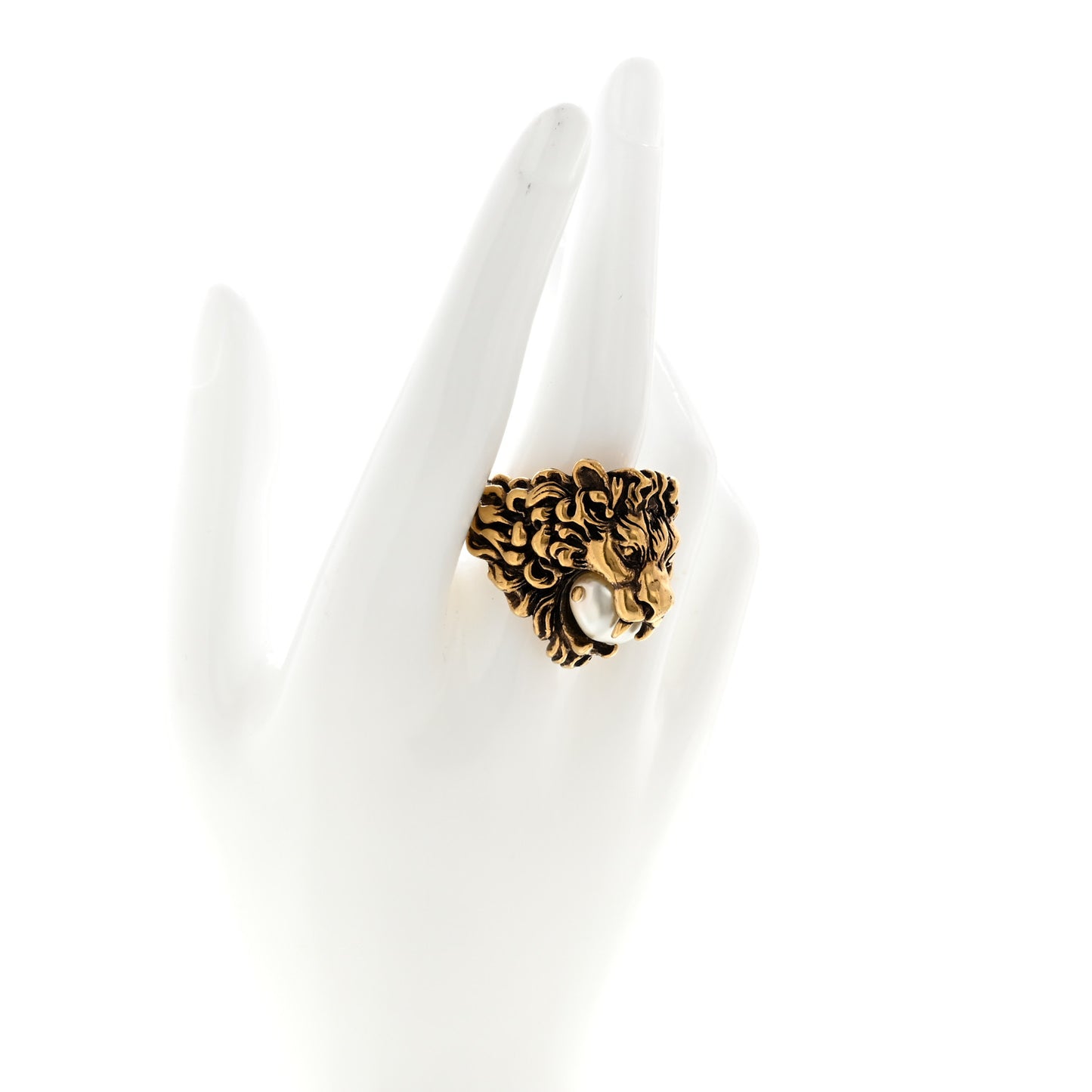 Metal Glass Pearl Lion Head Ring 10.25 53/6.25 Aged Gold