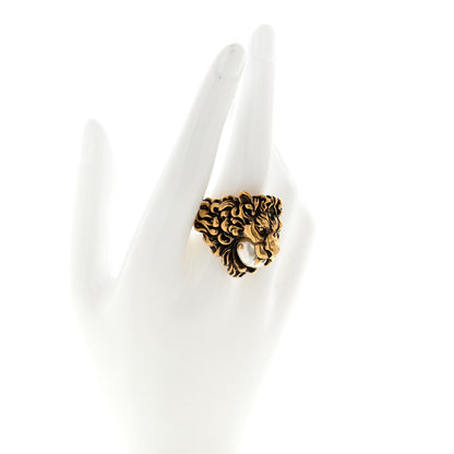 Gucci Metal Glass Pearl Lion Head Ring 10.25 53/6.25 Aged Gold 2 of 5
