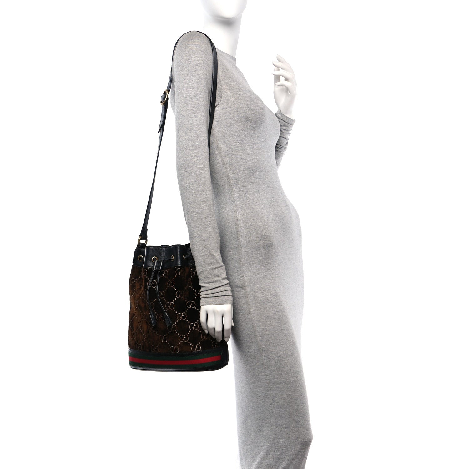 Gucci Velvet GG Monogram Textured Calfskin Web Bucket Bag Brown Black 2 of 10