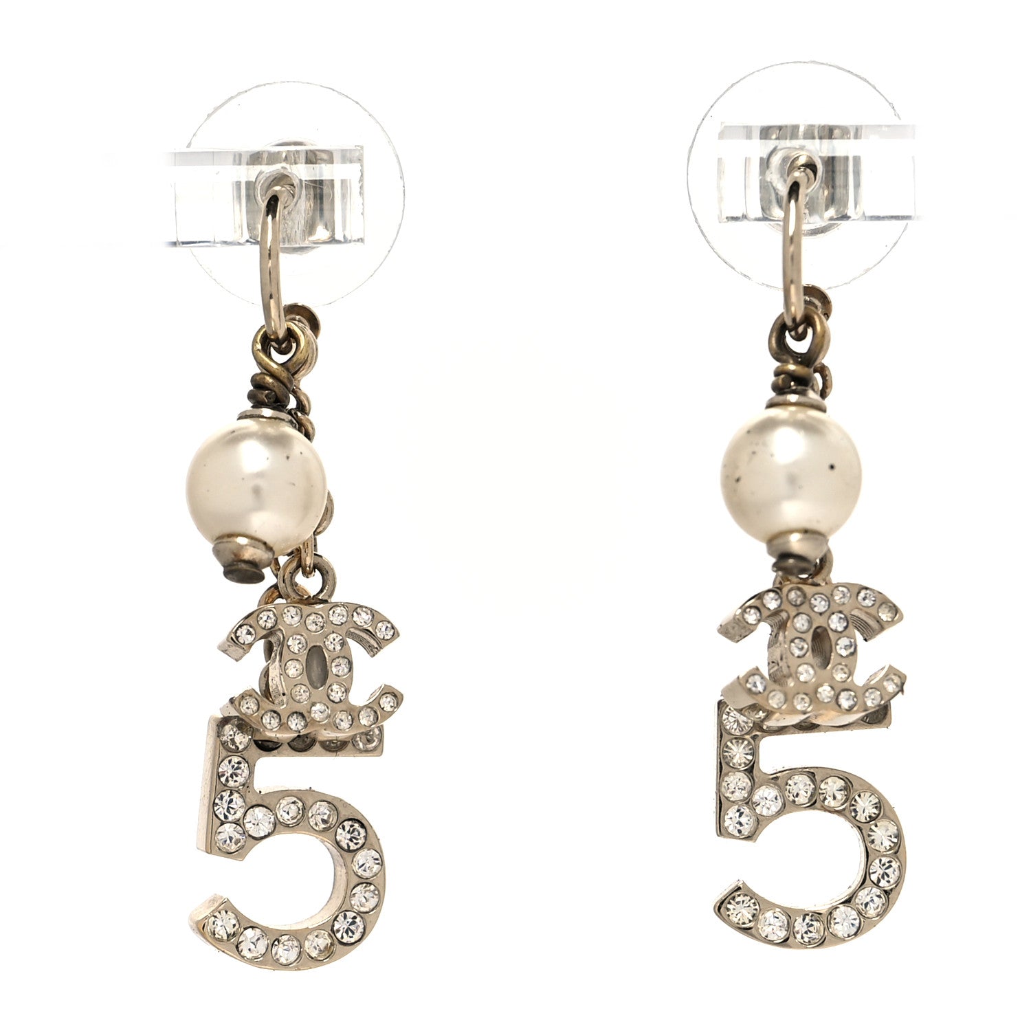 Chanel Pearl Crystal CC No 5 Drop Earrings Gold White 1 of 3