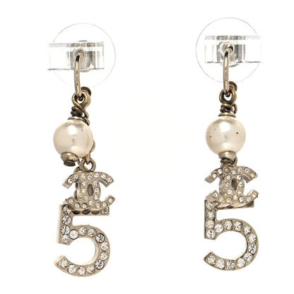 Chanel Pearl Crystal CC No 5 Drop Earrings Gold White 1 of 3
