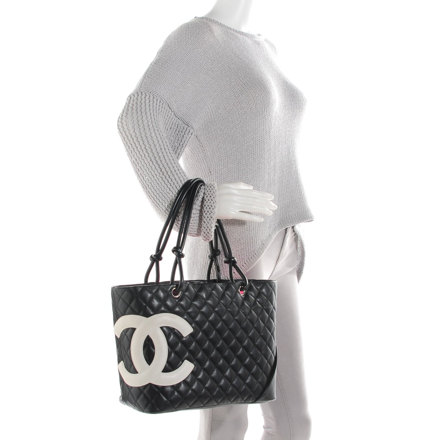 Calfskin Quilted Large Cambon Tote Black White