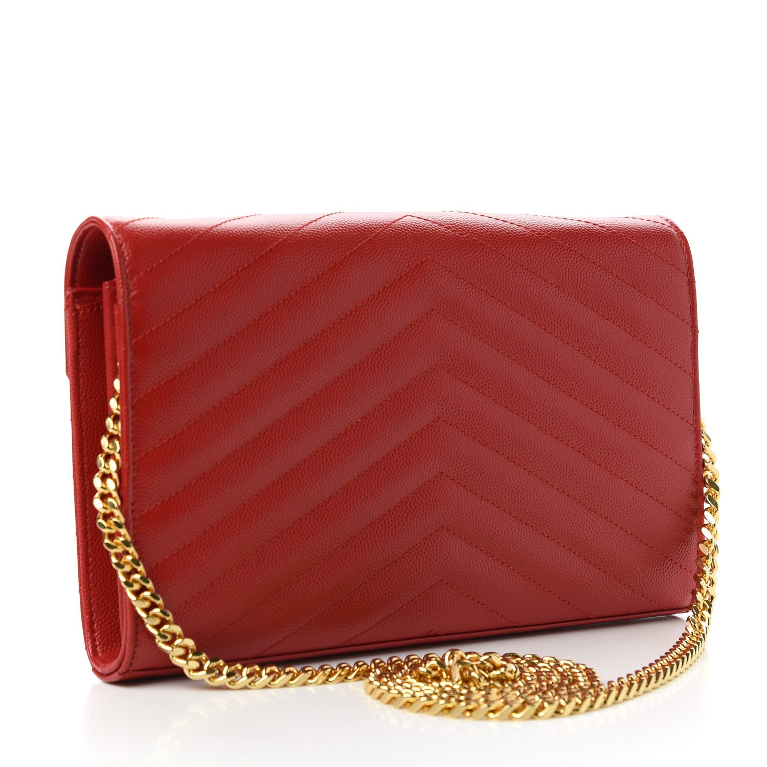Saint Laurent Grain De Poudre Matelasse Chevron Monogram Chain Wallet Red 3 of 11