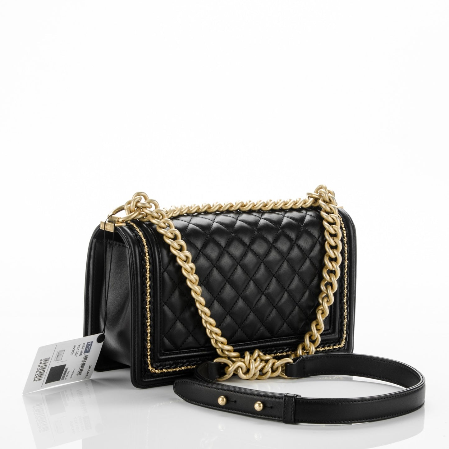 Lambskin Quilted Medium Chain Detail Boy Flap Black