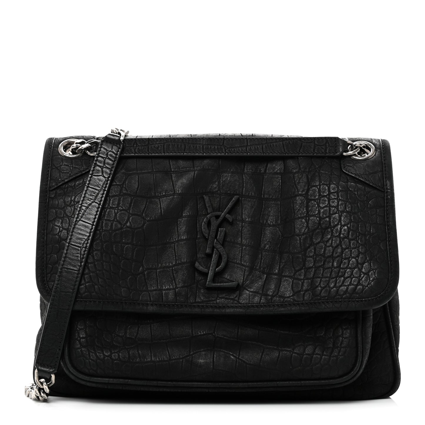 Nubuck Crocodile Embossed Monogram Medium Niki Chain Satchel Black