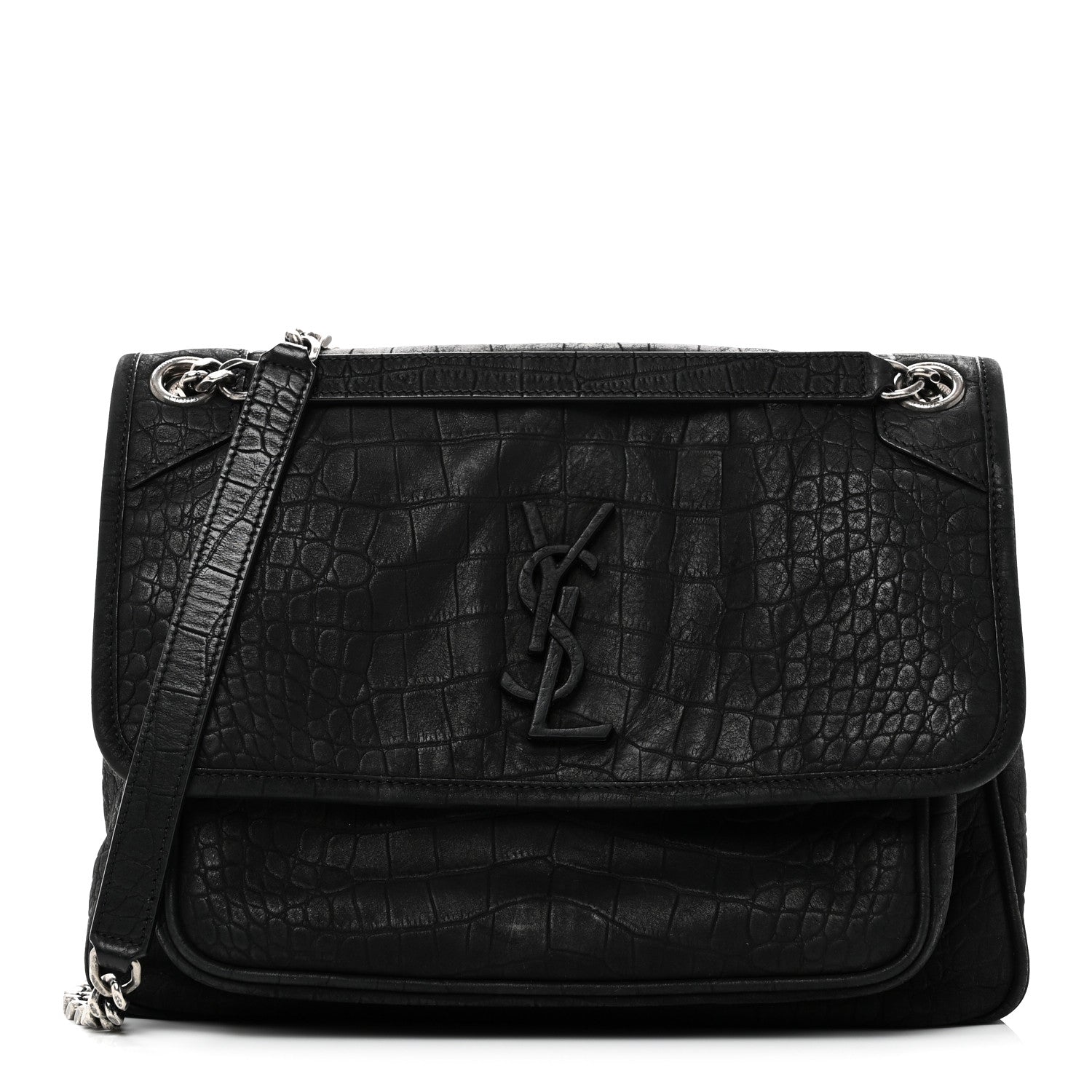 Saint Laurent Nubuck Crocodile Embossed Monogram Medium Niki Chain Satchel Black 1 of 10