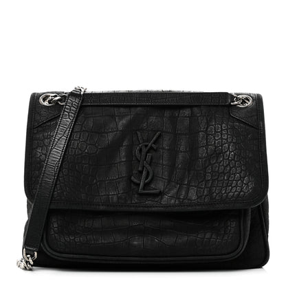 Saint Laurent Nubuck Crocodile Embossed Monogram Medium Niki Chain Satchel Black 1 of 10