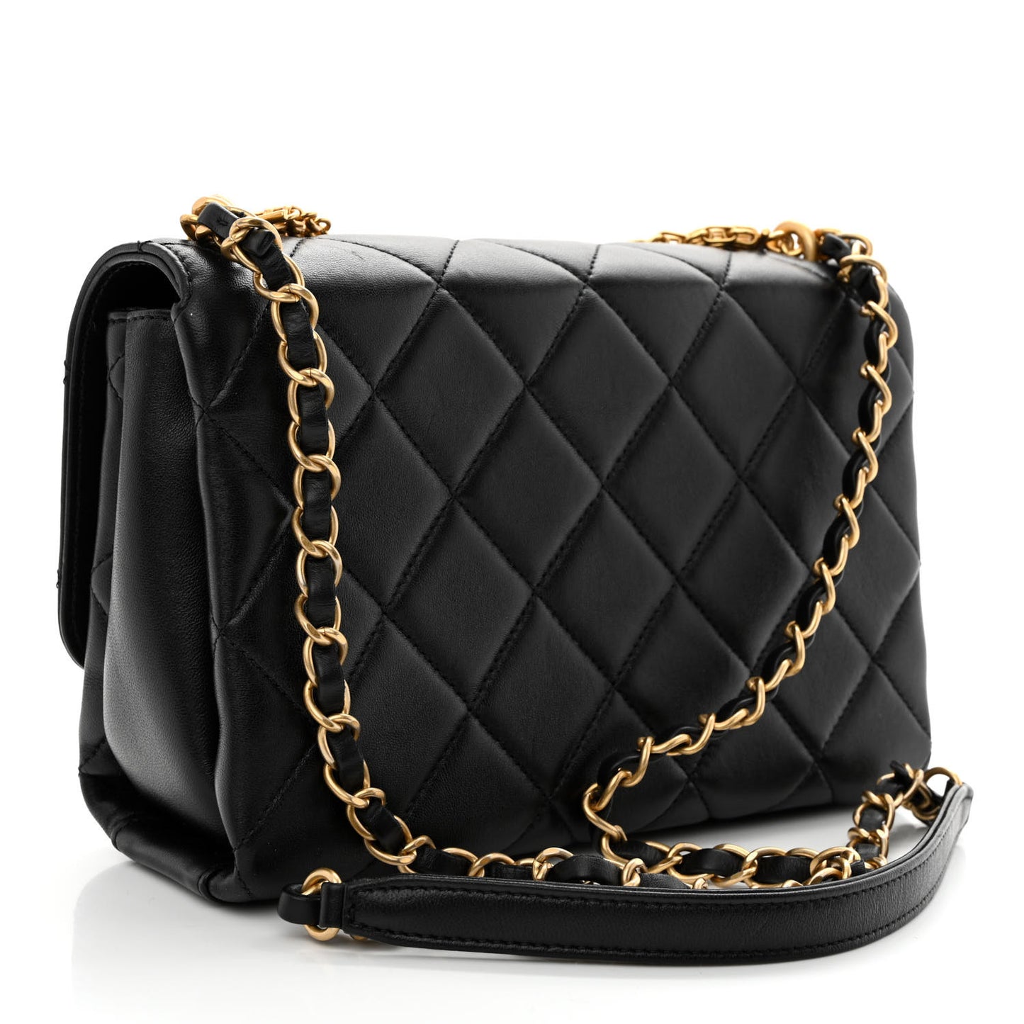 Lambskin Quilted CC Crystal Logo Chain Flap Black