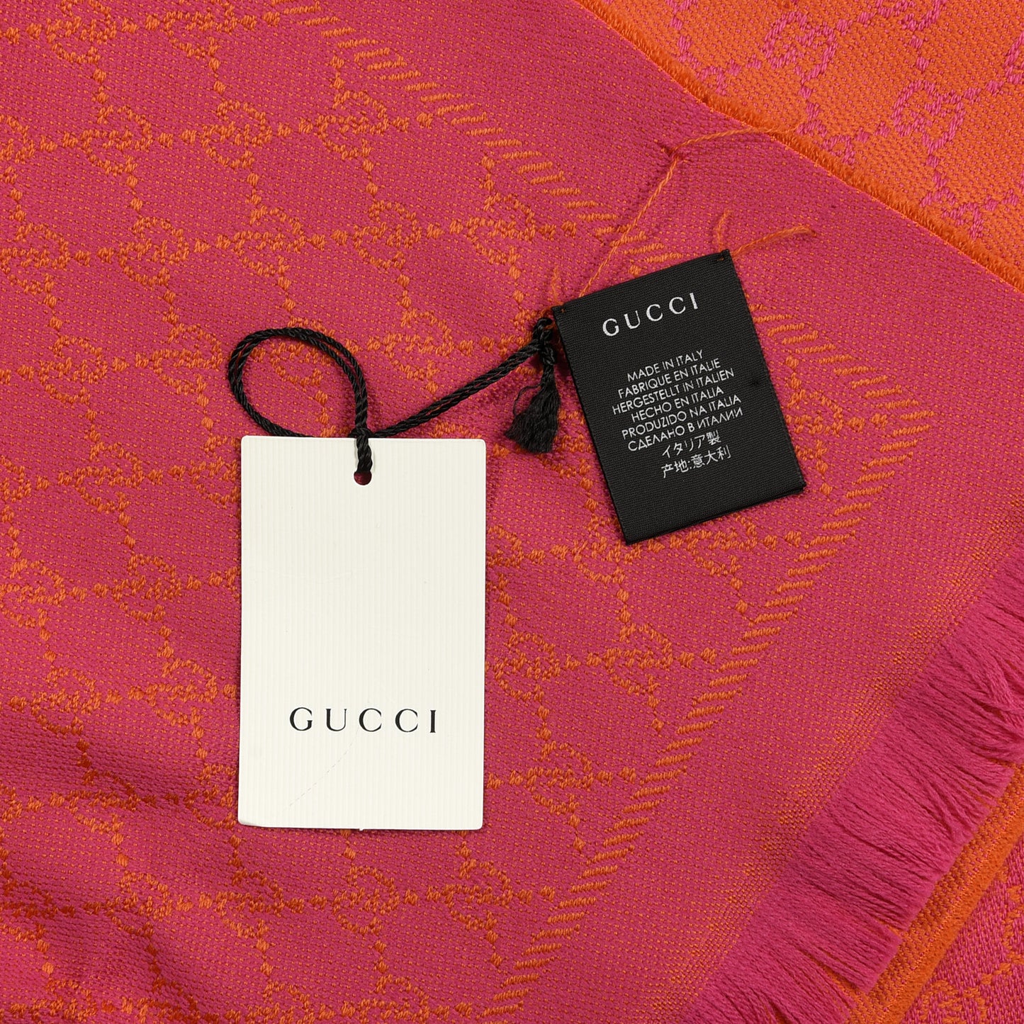 Wool GG Monogram Reversible New Sten Fringe Scarf Orange Pink