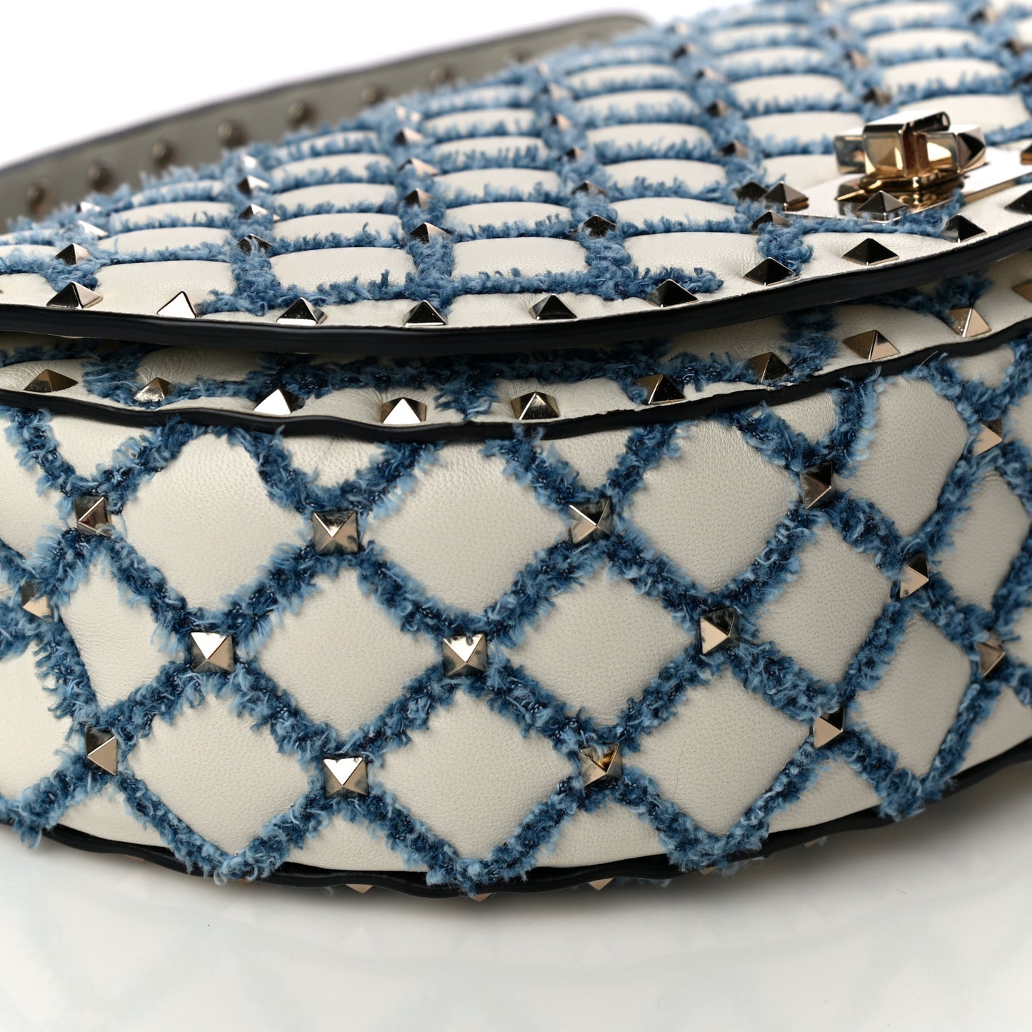 Nappa Denim Medium Rockstud Spike Halfmoon Saddle Bag Ivory Blue
