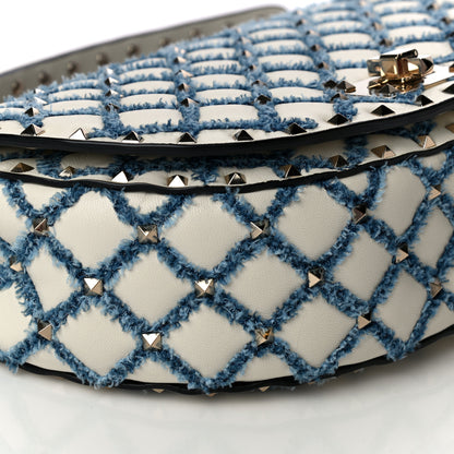 Valentino Garavani Nappa Denim Medium Rockstud Spike Halfmoon Saddle Bag Ivory Blue 9 of 14
