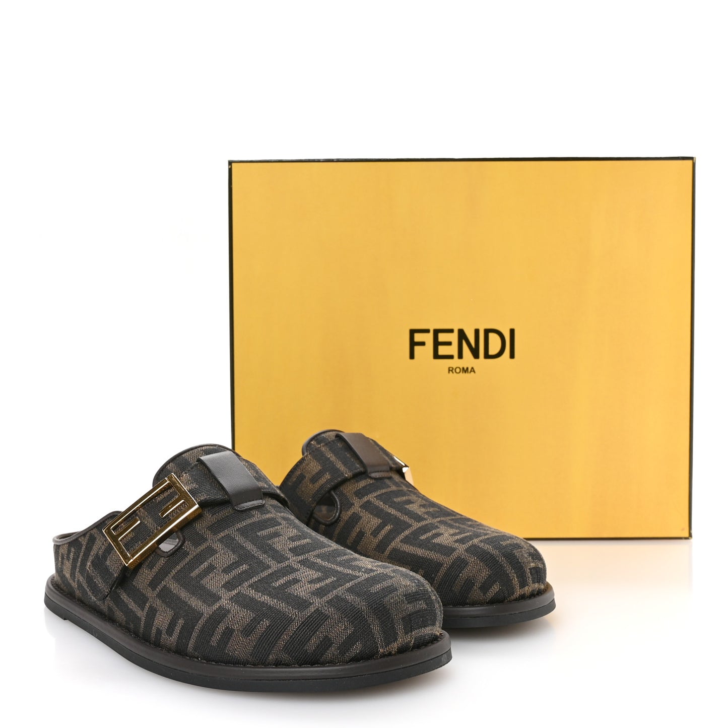 Fabric Jacquard Nappa FF Womens Sabot Mules 39 Tobacco Black
