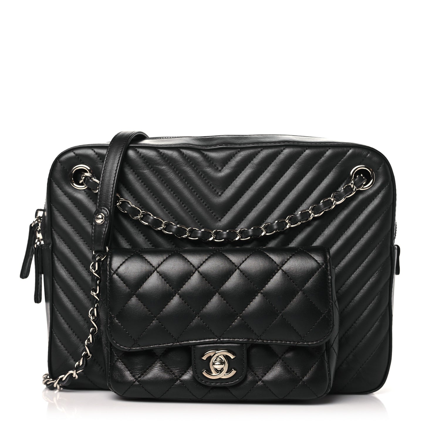 Calfskin Chevron Quilted Double Camera Bag With Flap Black Black