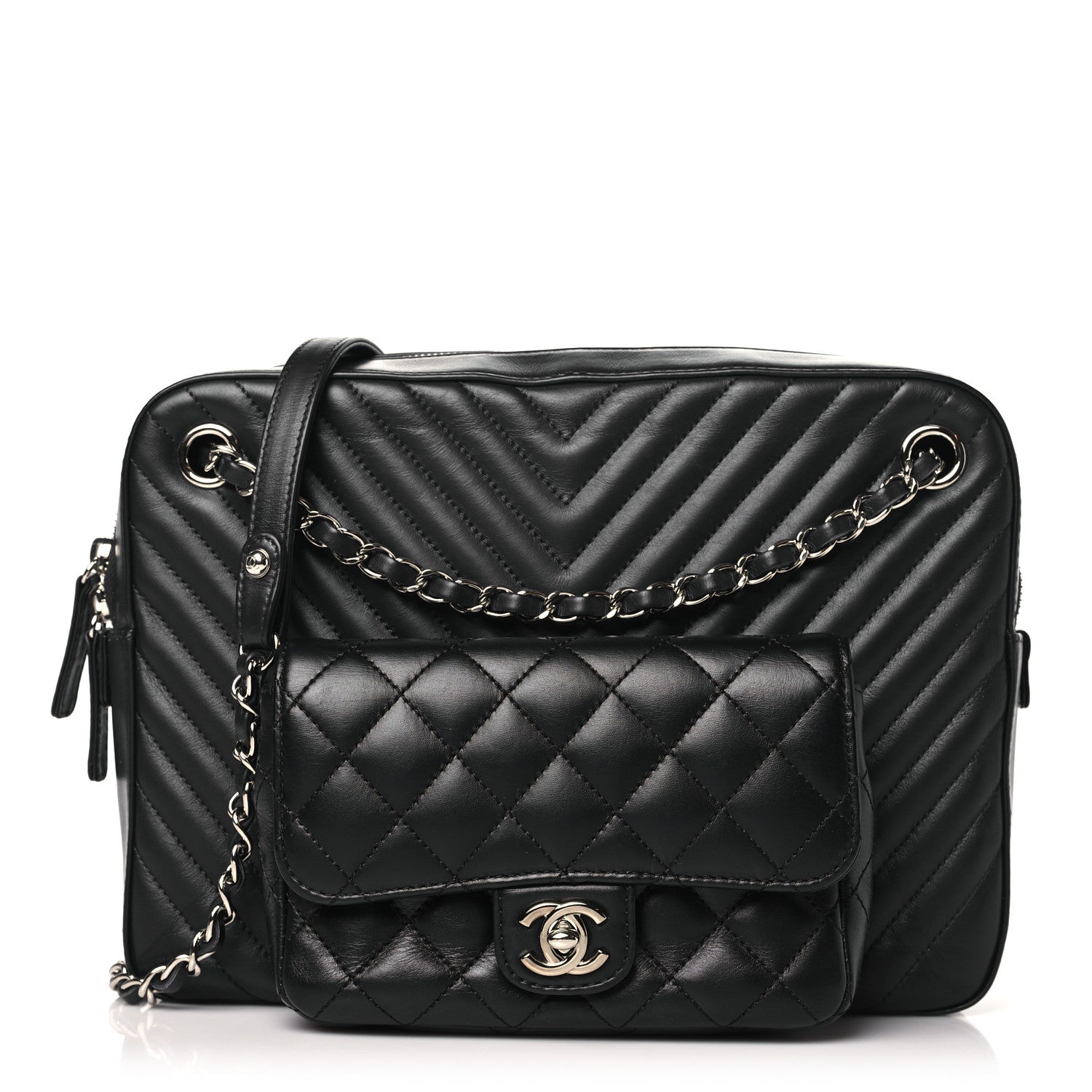 Chanel Calfskin Chevron Quilted Double Camera Bag With Flap Black Black 1 of 10