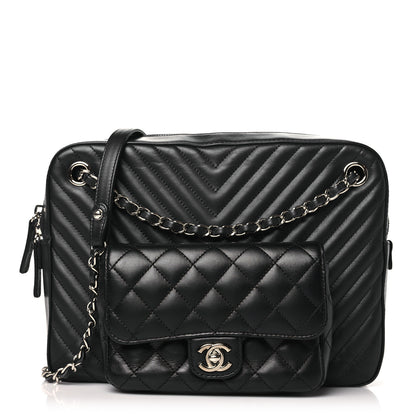 Chanel Calfskin Chevron Quilted Double Camera Bag With Flap Black Black 1 of 10