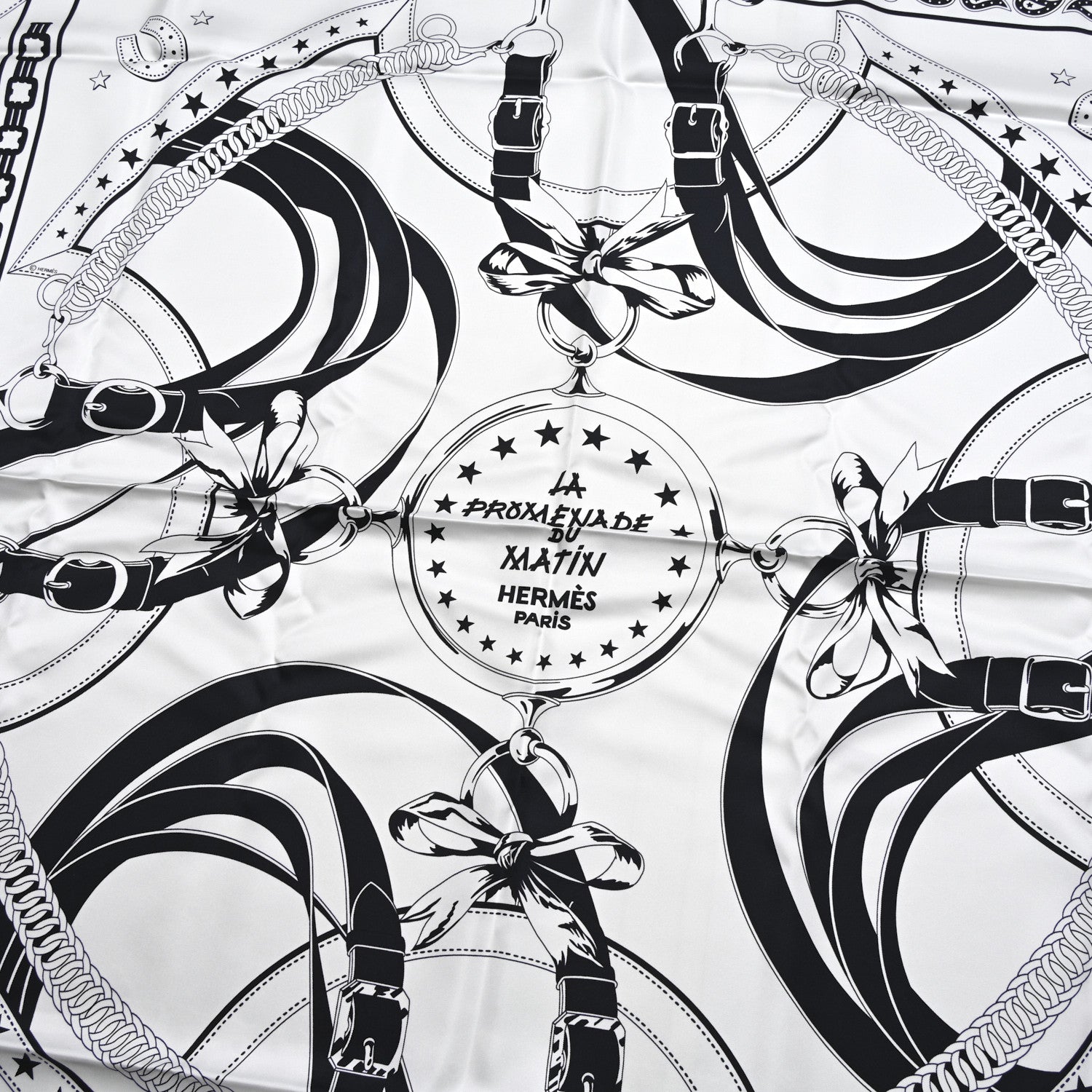 Hermes Silk La Promenade du Matin Bandana Double Face Scarf 140 White Bleu Black Vert Cypres 2 of 4