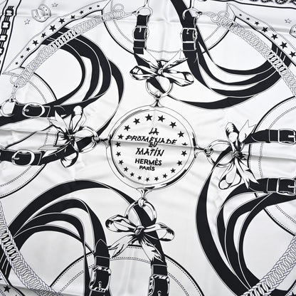 Hermes Silk La Promenade du Matin Bandana Double Face Scarf 140 White Bleu Black Vert Cypres 2 of 4