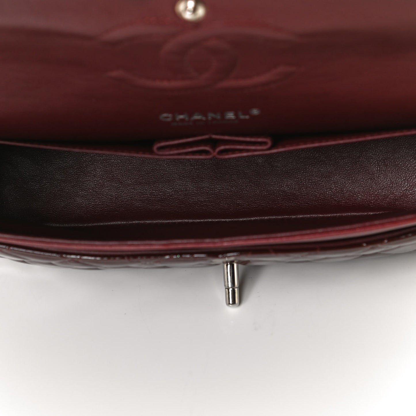 Patent Calfskin Quilted Medium Double Flap Dark Red