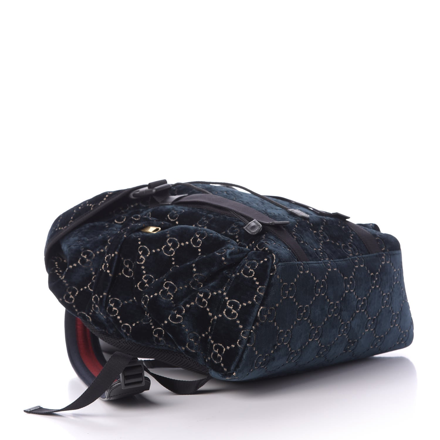 Gucci Velvet GG Monogram Web Medium Double Buckle Backpack Blue Beige Black 3 of 9
