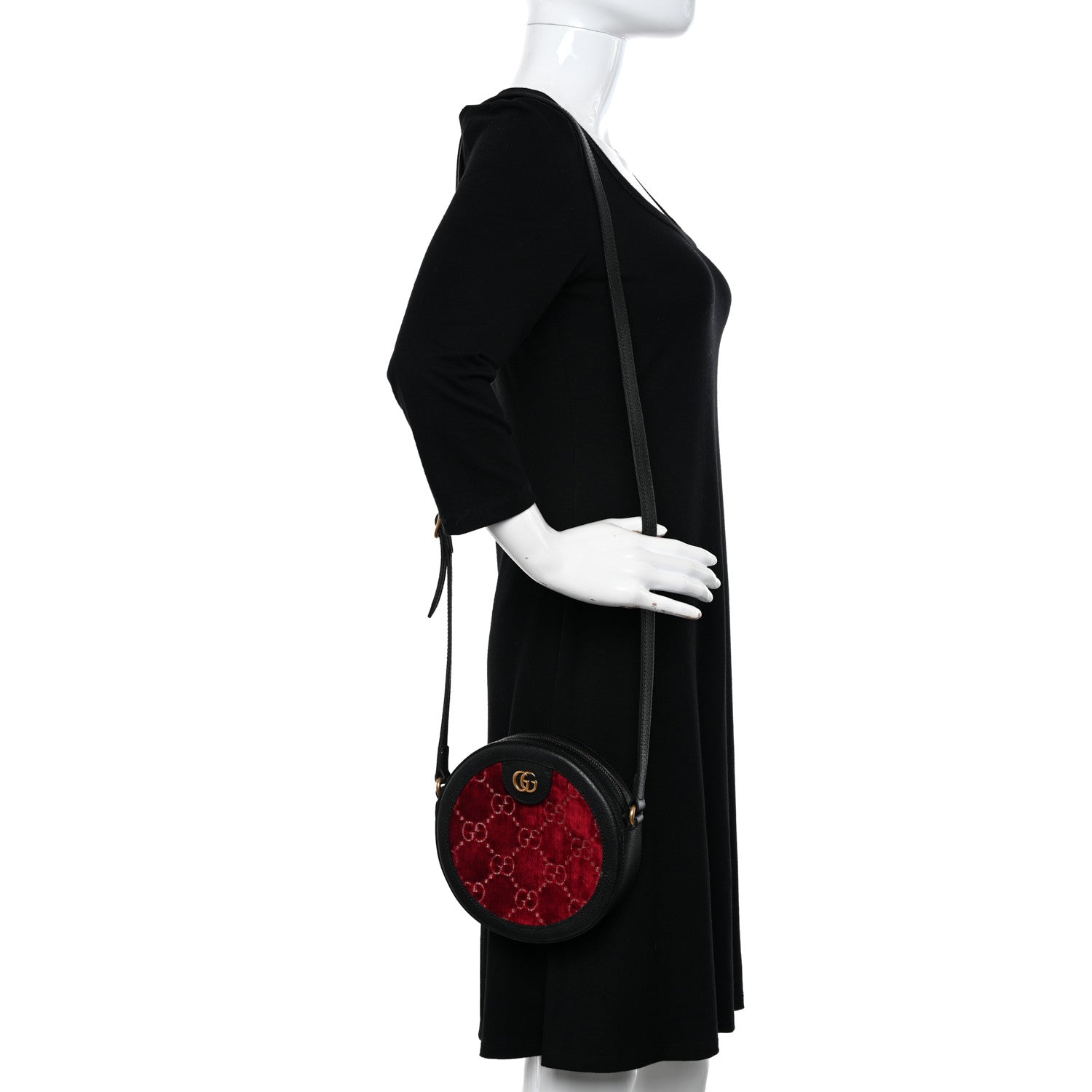 Gucci Velvet GG Monogram Textured Calfskin Round Shoulder Bag Red Cipria Black 2 of 11