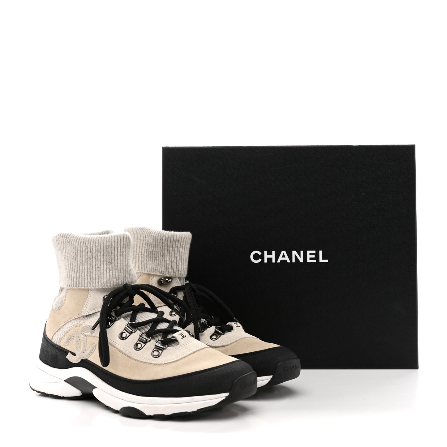 Suede Calfskin Knit CC High Top Lace Up Sneakers 40 Ivory Light Gray