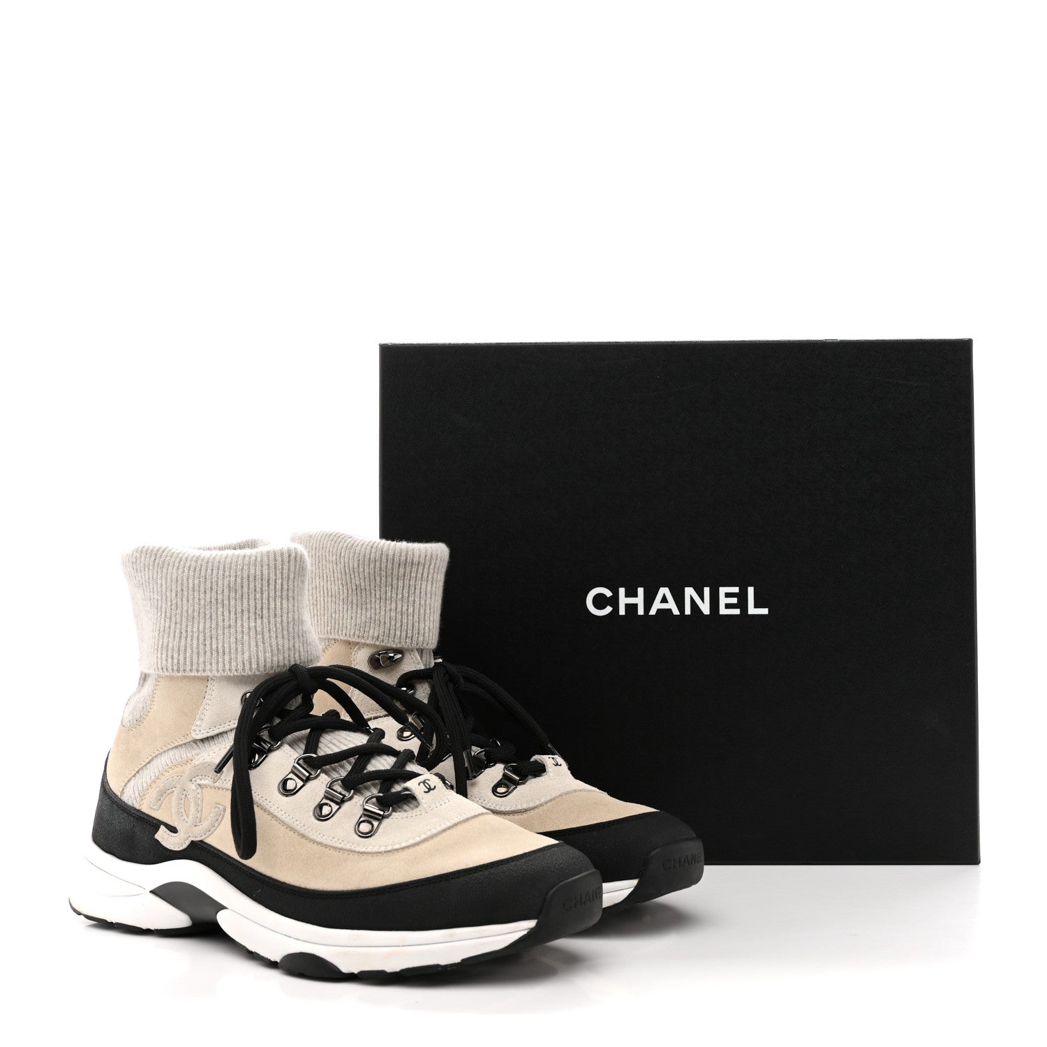 Chanel Suede Calfskin Knit CC High Top Lace Up Sneakers 40 Ivory Light Gray 11 of 11