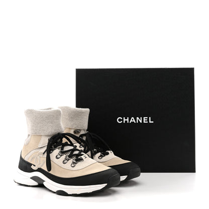 Chanel Suede Calfskin Knit CC High Top Lace Up Sneakers 40 Ivory Light Gray 11 of 11