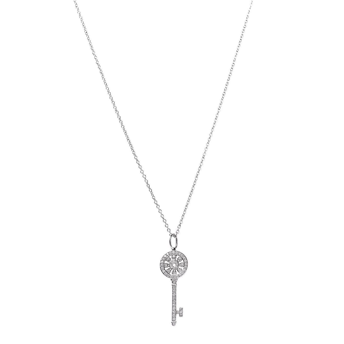 Platinum 18K White Gold Diamond Mini Petals Key Pendant Necklace
