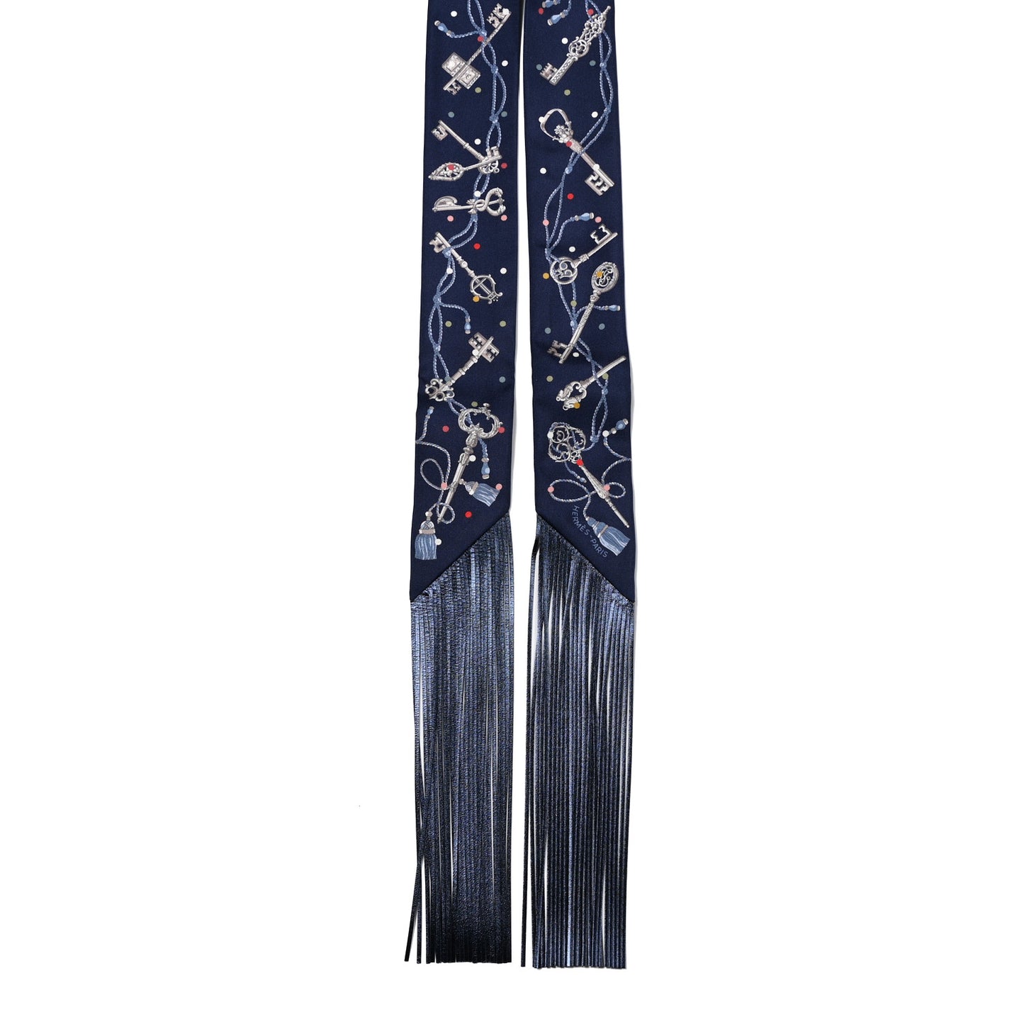 Silk Metallic Agneau Les Cles A Pois Fringed Twilly Bleu Marine Gris Argent Multicolor