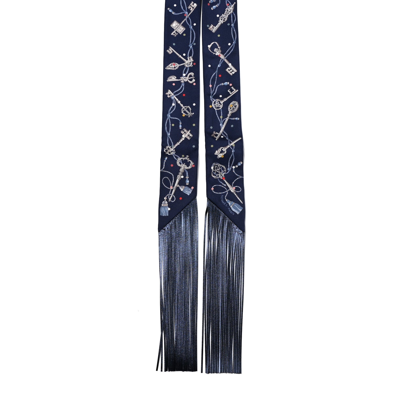 Hermes Silk Metallic Agneau Les Cles A Pois Fringed Twilly Bleu Marine Gris Argent Multicolor 2 of 4