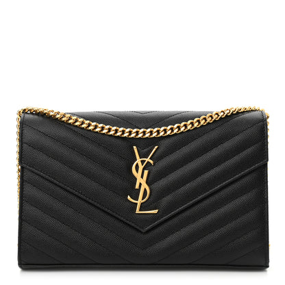 Saint Laurent Grain De Poudre Matelasse Chevron Monogram Chain Wallet Black 1 of 11
