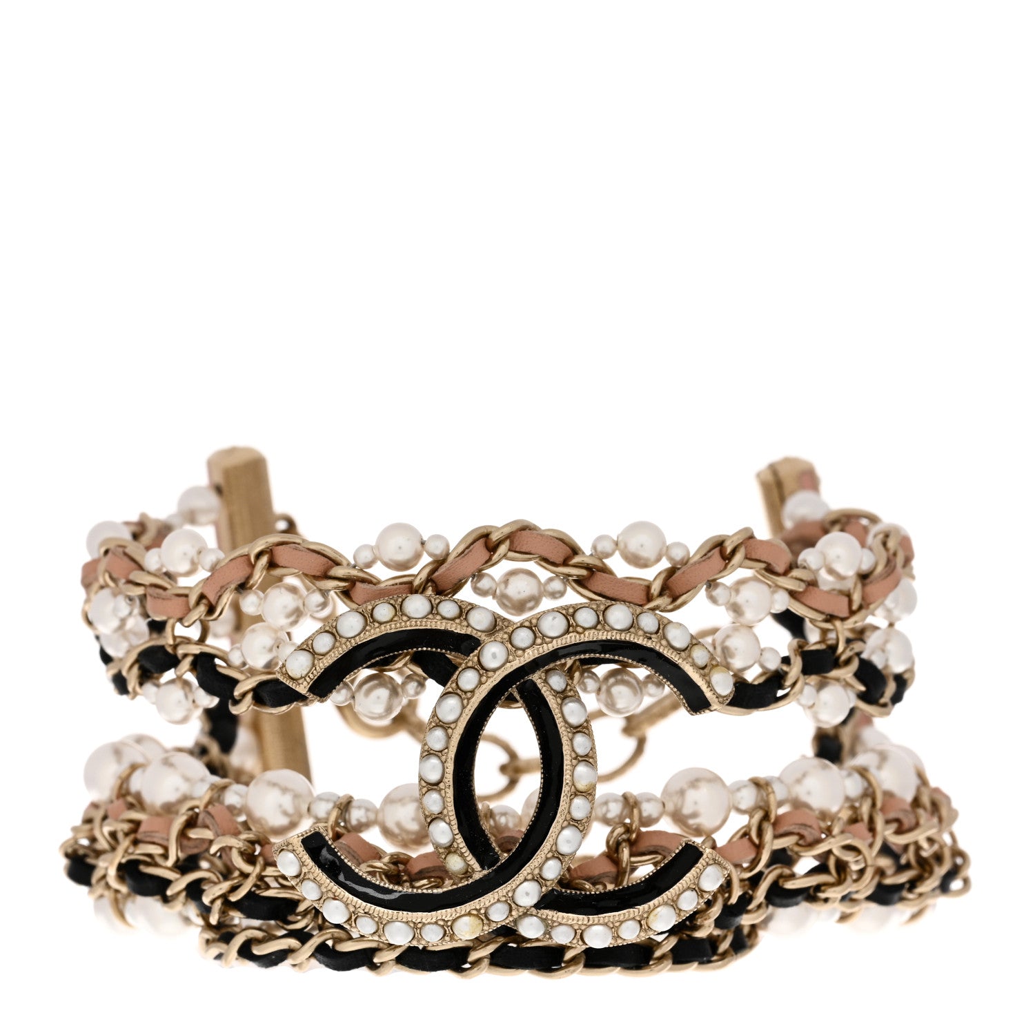 Chanel Pearl Lambskin CC Multistrand Bracelet Gold Black Beige Pink 1 of 6