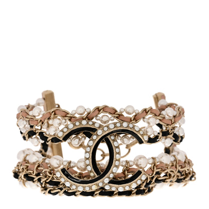 Chanel Pearl Lambskin CC Multistrand Bracelet Gold Black Beige Pink 1 of 6