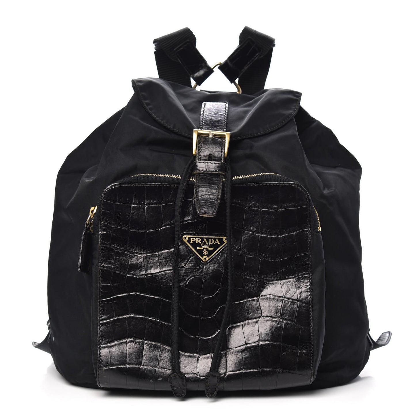Tessuto Nylon Crocodile Embossed Calfskin Cinch Backpack Black