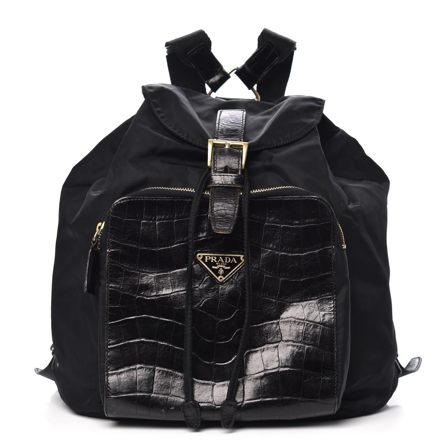 Prada Tessuto Nylon Crocodile Embossed Calfskin Cinch Backpack Black 1 of 11