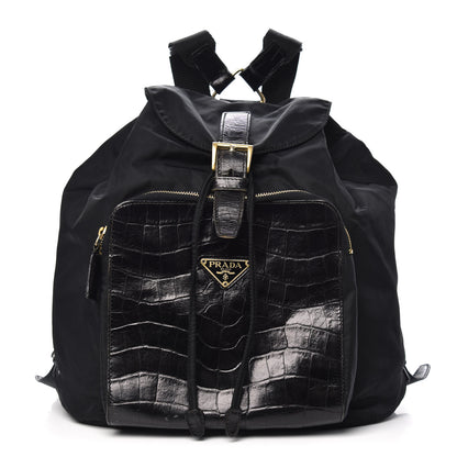 Prada Tessuto Nylon Crocodile Embossed Calfskin Cinch Backpack Black 1 of 11