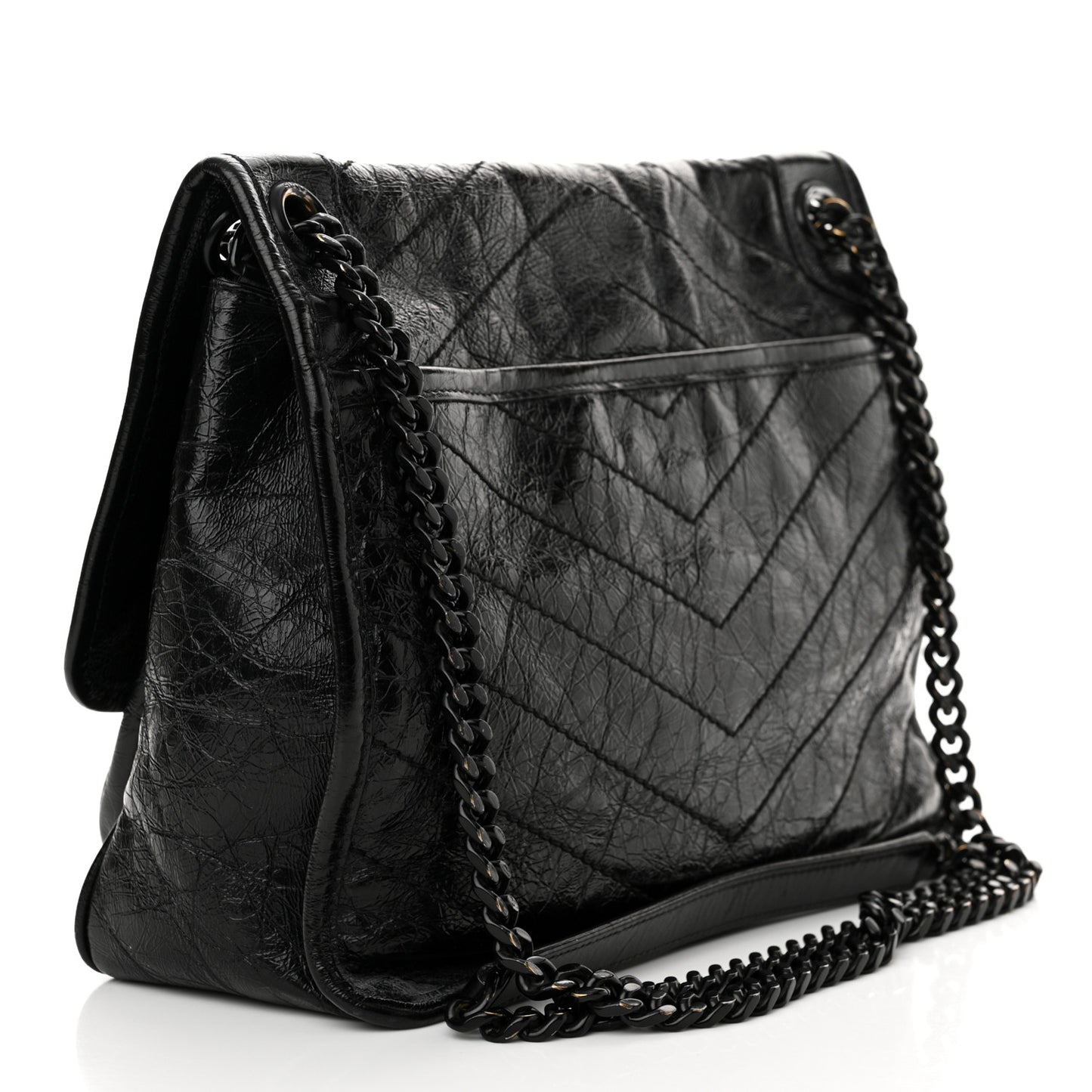 Crinkled Calfskin Matelasse Monogram Medium Niki Chain Satchel Black