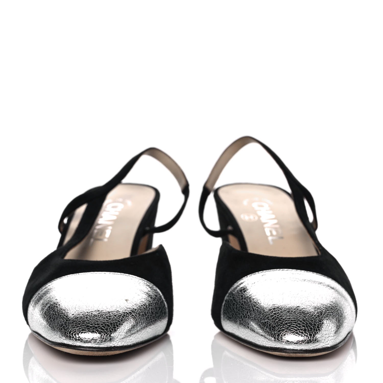 Chanel Kid Suede Metallic Lambskin Cap Toe CC Slingback Pumps 37.5 Black Silver 2 of 8