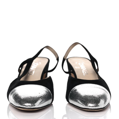 Chanel Kid Suede Metallic Lambskin Cap Toe CC Slingback Pumps 37.5 Black Silver 2 of 8