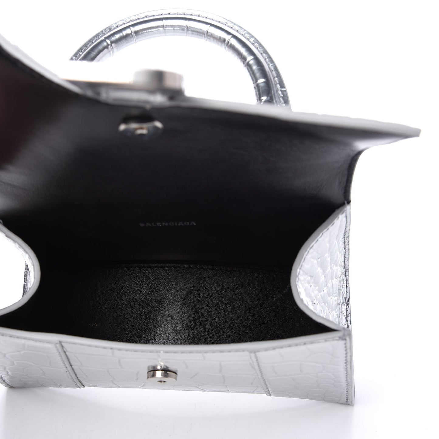 Metallic Calfskin Crocodile Embossed Hourglass Top Handle Bag XS Silver