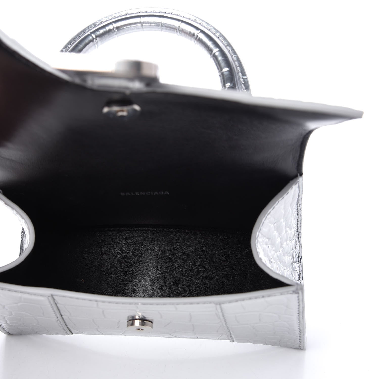 Balenciaga Metallic Calfskin Crocodile Embossed Hourglass Top Handle Bag XS Silver 5 of 10
