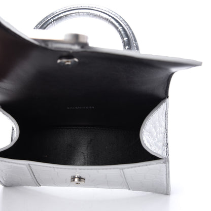 Balenciaga Metallic Calfskin Crocodile Embossed Hourglass Top Handle Bag XS Silver 5 of 10