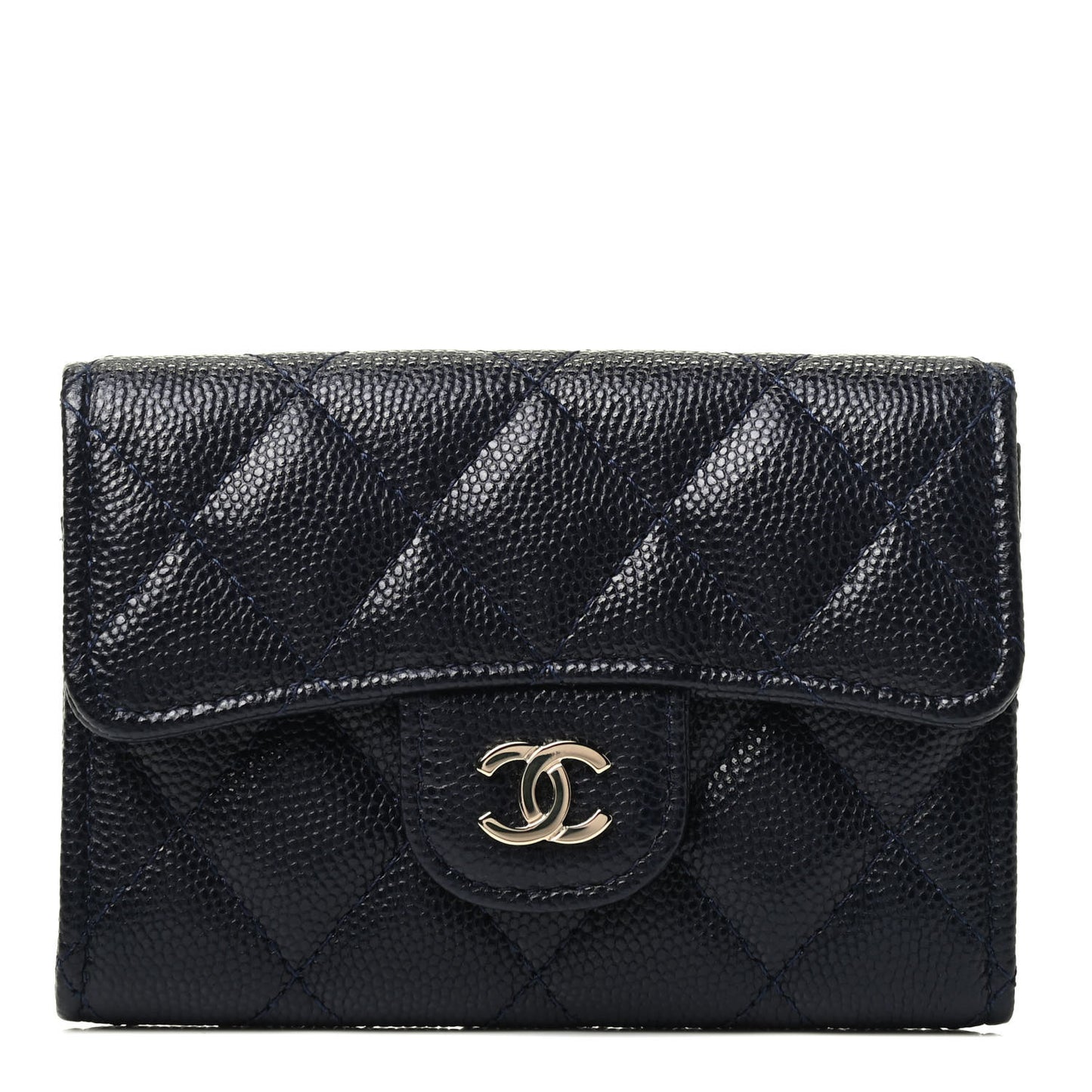 Caviar Quilted Flap Card Holder Wallet Navy Blue