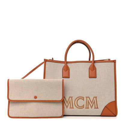MCM Calfskin Linen Large Munchen Tote Cognac 1 of 15