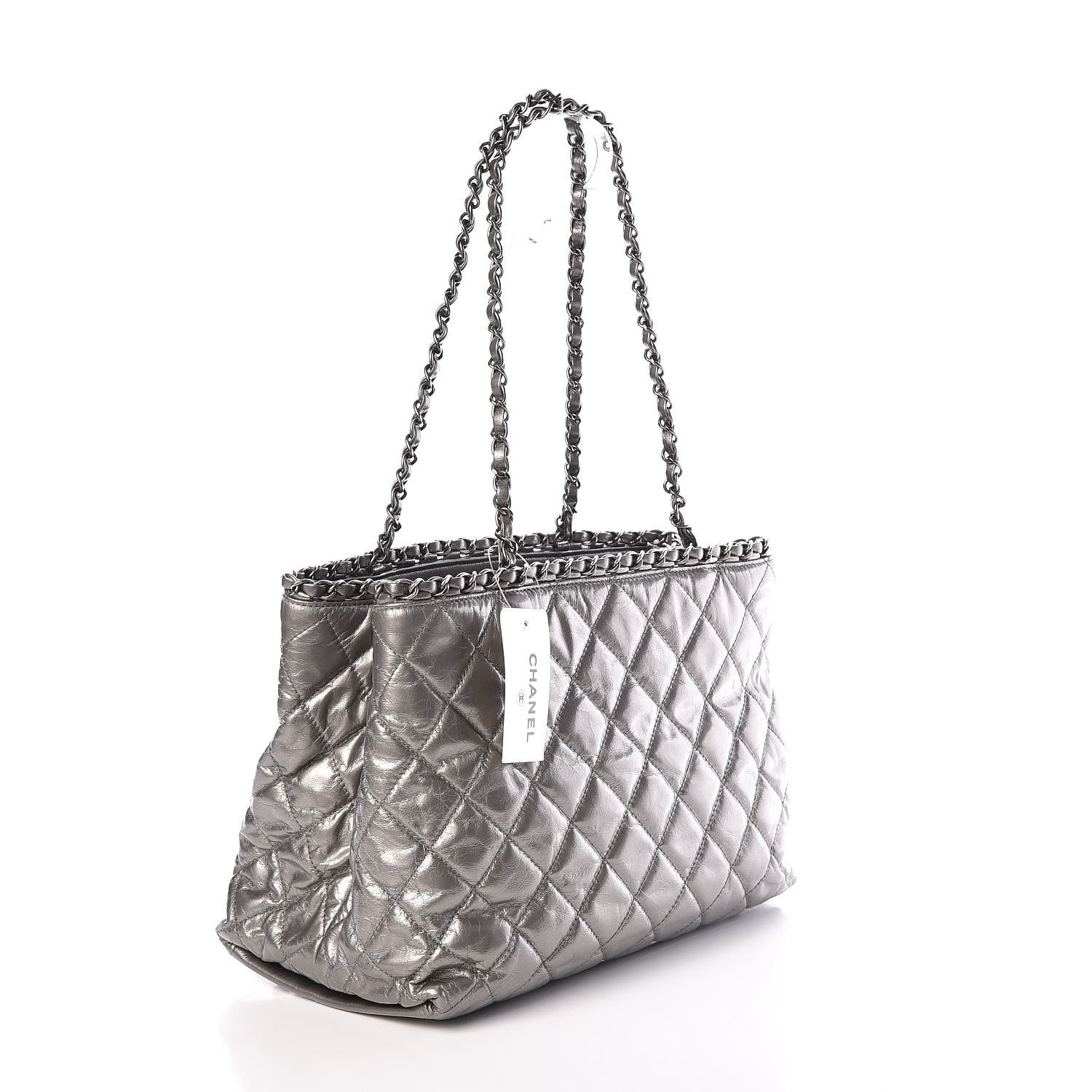 Chanel Metallic Aged Calfskin Quilted Small Chain Me Tote Silver 3 of 10