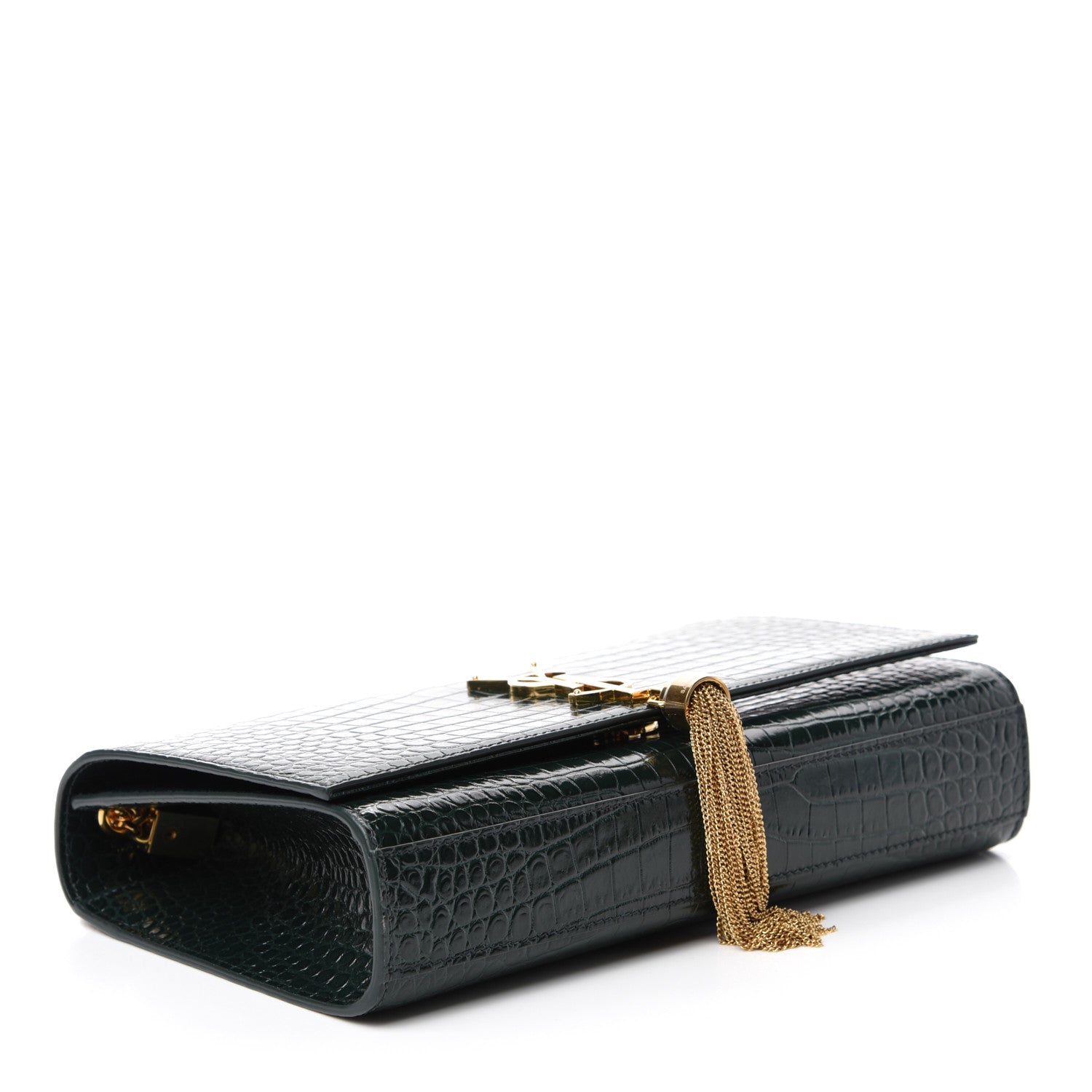 Saint Laurent Calfskin Crocodile Embossed Medium Classic Monogram Kate Tassel Satchel Dark Green 4 of 10