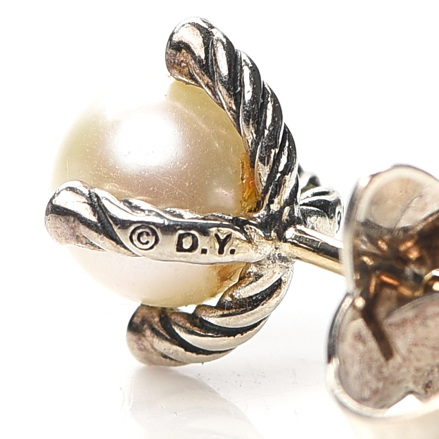 David Yurman Sterling Silver Diamond Pearl 7mm Earrings 4 of 4