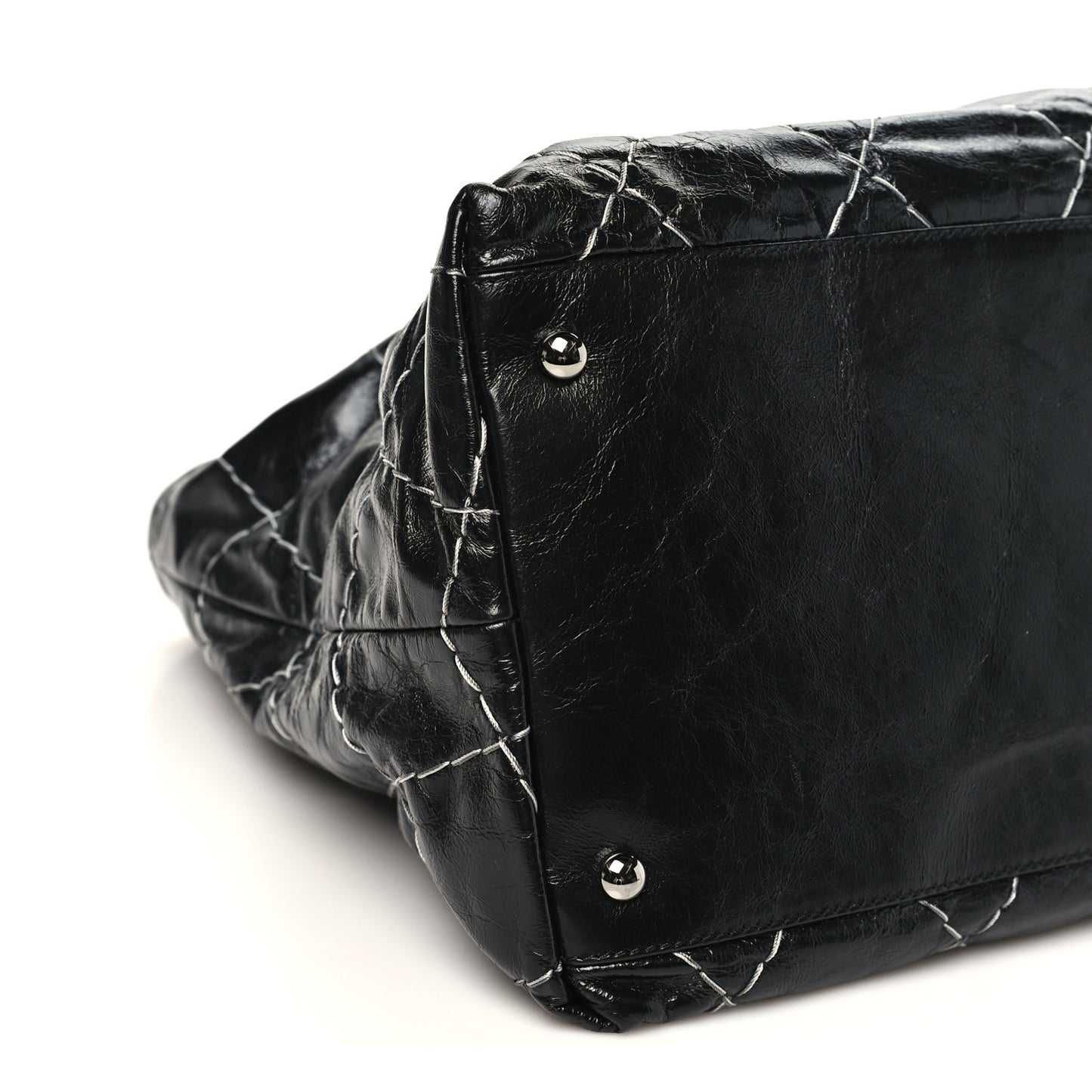 Glazed Goatskin Double Contrast Stitch Tote Black