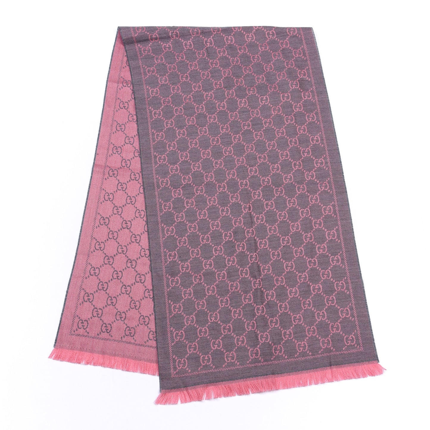 Wool Jacquard GG Monogram Sten Fringe Scarf Graphite Pink